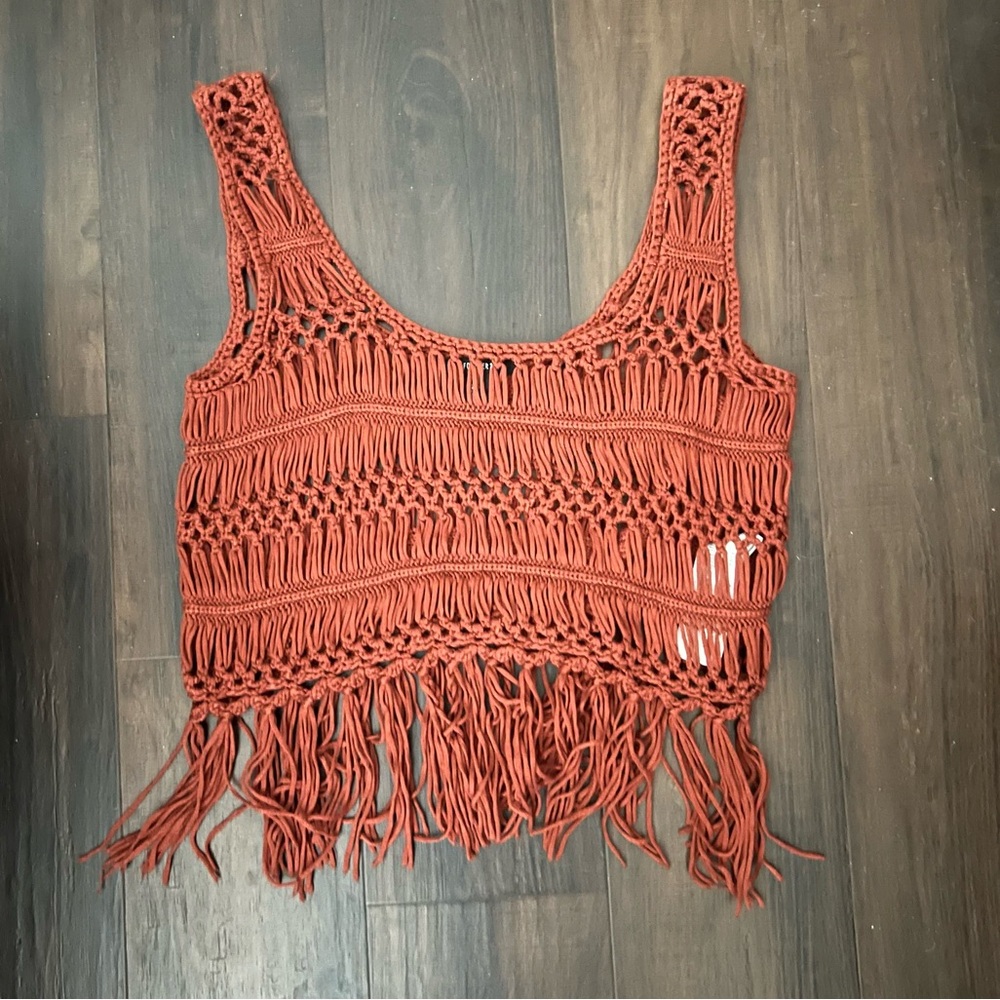 Forever 21. Burnt Orange knitted cropped top w/ fringe hem